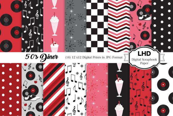 Download 50's Diner Black &amp; Red Digital Papers - Red digital paper Collection