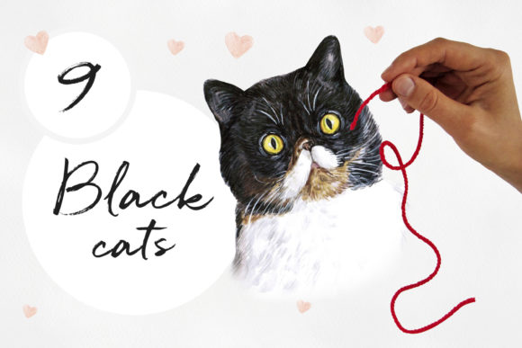 Download Watercolor 9 Black Cats Illustrations Set - Illustration Collection
